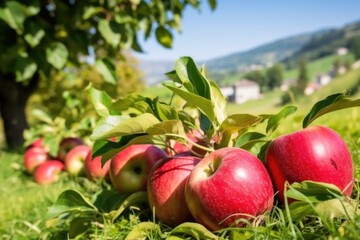 Wall Mural - close-up shot of red apples with orchard in the backdrop