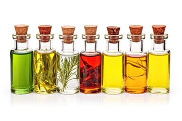 Canvas Print - aromatic oils in small dark glass bottles against white background