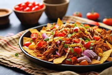 Poster - vegan bbq jackfruit nachos with a sprinkle of corn