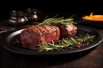 Wall Mural - beef roast on a dark rustic plate with garlic cloves and rosemary sprigs