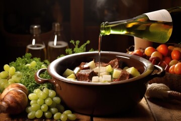 Wall Mural - pouring wine into a pot of beef stew