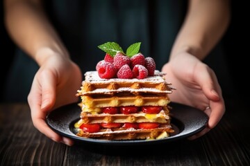 Wall Mural - hand holding a plate with a stack of belgian waffles