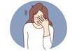 © drawlab19 - Unhappy young woman make hand gesture suffer from bad news. Upset female struggle with migraine or headache. Vector illustration.