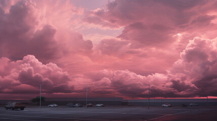 Wall Mural - Pink cloudy sky against empty parking lot