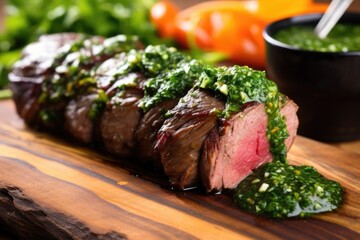 Poster - close-up of churrasco with chimichurri sauce on the side