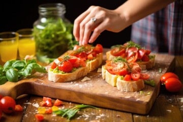 Wall Mural - hands bruschetta on a wooden board