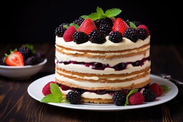 Wall Mural - a towering layered cake with cream and berries