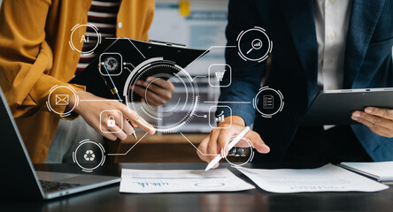Co working process, team working.Coding software developer work with AR new design dashboard computer icons.team business concept in office.
