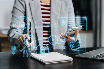 Wall Mural - cyber security data protection business working on compute intelligenc digital tablet global network