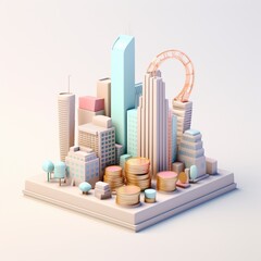 Wall Mural - Sky scraper and stack of coins, Pastel background. 3D rendering. Financial and investment business concepts 