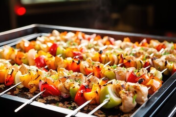 Wall Mural - closeup of chicken kabobs being turned with tongs