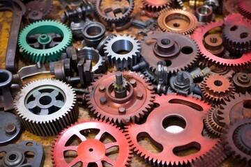 Poster - different types of cogs and wheels on a workshop bench