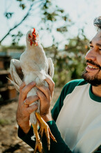 Smiling Man Holding White Chicken In Farm