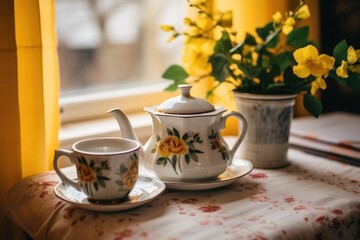 Poster - pair of teacups and pot on a cozy afternoon