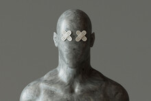Mannequin With Band Aid Eyes Against Gray Background