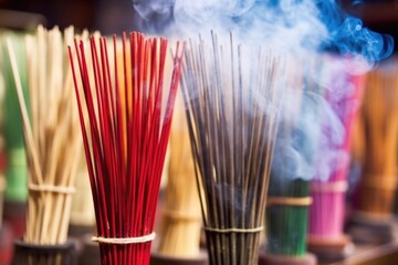 Poster - fresh incense sticks on a bamboo stick rack