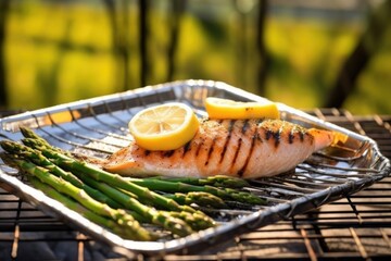 Sticker - grilled fish and asparagus in a wire basket under natural light