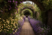 A Painted Pathway Through A Purple Flower Garden Leading To The End Of The Tunnel, With Pathways To The Right, Left, And The End. Generative AI