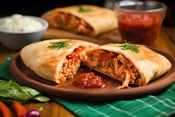 Sticker - bbq jackfruit calzone alongside a spicy tomato sauce