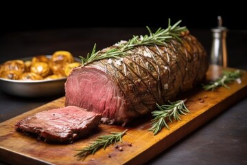 Wall Mural - close-up side view of beef roast with garlic and rosemary on a stone tray