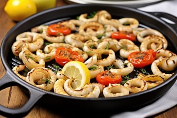 Sticker - a grill pan filled with half-grilled calamari rings