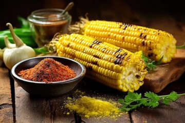 Canvas Print - char marked grilled corn on the cob on a rustic background