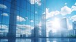 © Lucky Ai - Reflective skyscrapers, business office buildings. Low angle photography of glass curtain wall details of high-rise buildings.The window glass reflects the blue sky and white clouds. Generative AI