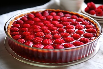 Canvas Print - a raspberry tart with a shiny glaze in a baking dish