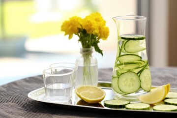 Wall Mural - a glass carafe of water with sliced cucumbers on a spa table