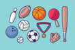 Sport equipment. Vector icons set of sport inventory with balls for volleyball, baseball, football game and tennis, golf ball, billiard, racket, bowling. Fitness gym tools. Team game