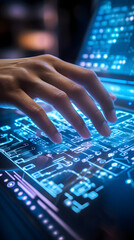 Person's hand typing on a futuristic artificial intelligence keyboard for work