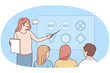 © drawlab19 - Female teacher make presentation in automotive courses. Woman tutor talk explain at lesson in driving school to pupils or students. Vector illustration.