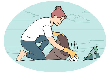 Wall Mural - Female activist clean beach or seashore from garbage and waste. Woman volunteer collect trash outdoors care about environment protection and pollution. Vector illustration.