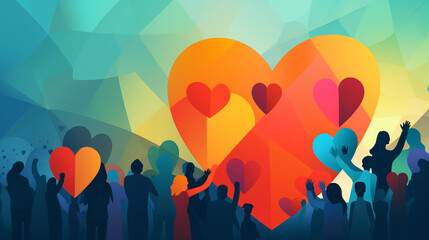 Charity illustration concept with abstract, diverse persons, hands and hearts.