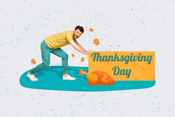 Sticker - Creative collage picture of funky crazy guy arms push thanksgiving day poster baked turkey isolated on painted background