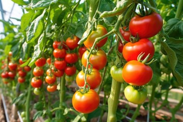 Sticker - close-up of juicy tomatoes on the vine in a greenhouse