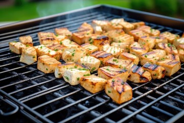 Wall Mural - grill basket with marinated tofu cubes on a barbeque grid