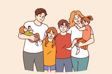 Wall Mural - Family from teenagers and toddlers with mom and dad posing together for family portrait. Concept of guardianship of children left without parents or assistance to boys and girls from orphanages