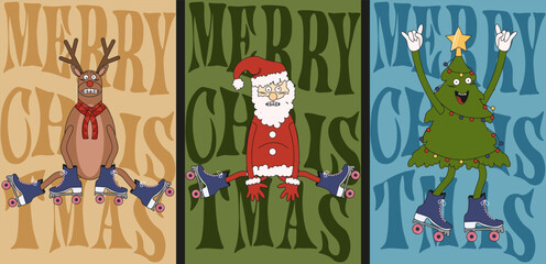 Sticker - Set Trendy Christmas greeting card design with Cartoon character  and lettering in Retro style. Groovy collection xmas card, poster, banner cover. Vector illustration. Santa, reindeer on the rollers.