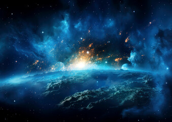 abstract background with planet surface with atmosphere, stars and sparks