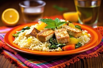 Sticker - grilled tofu with couscous on a colorful dish