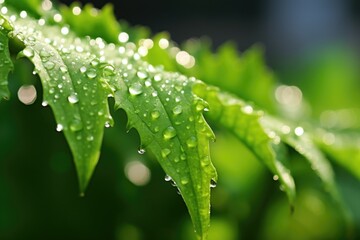 Wall Mural - morning dew attracted to a fresh green leaf