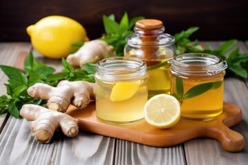 Sticker - honey jars, lemon and ginger root arranged for herbal tea making