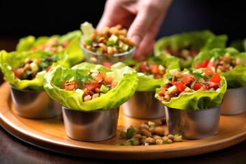 Poster - hand serving a portion of three bean salad into a lettuce cup