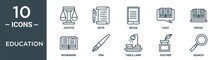 Education Outline Icon Set Includes Thin Line Justice, Note, Ebook, Chat, Ebook, Bookmark, Pen Icons For Report, Presentation, Diagram, Web Design