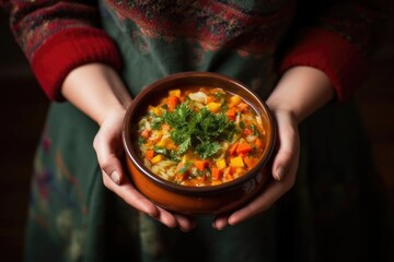 Wall Mural - holding a hot bowl of vegetable soup with a woolen cloth