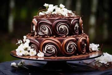 Poster - a chocolate mousse wedding cake with white chocolate swirls