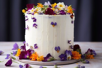 Wall Mural - a tall white cake adorned with small, delicate edible flowers