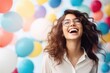 Joyful Celebration: Young woman laughing heartily with colorful balloons - AI Generated