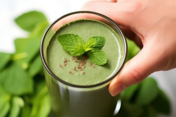 Sticker - hand layering mint leaves on top of a mint chocolate milkshake